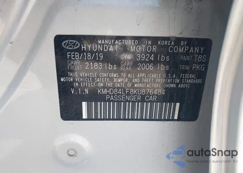 2019 Hyundai Elantra Value Edition из США, поврежденный, VIN KMHD84LF8KU876484